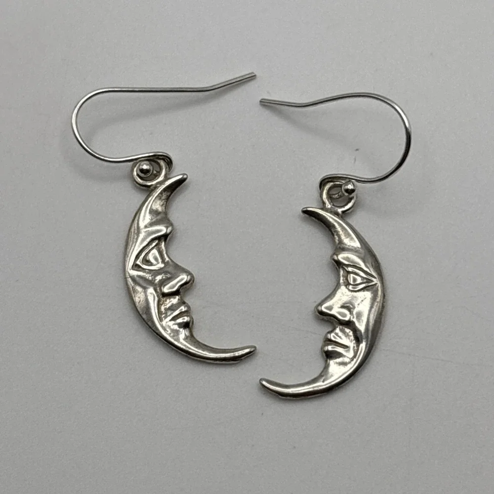 Vtg 925 Sterling Silver Crescent Moon Face Pierced Dangle Drop Earrings 1